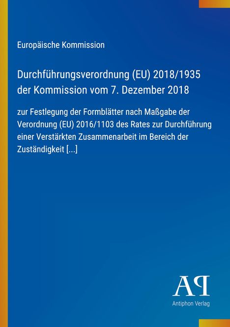 Text zur EU-Durchführungsverordnung 2018/1935. Linker Rand in Gelb, blauer Hintergrund mit Logo "AЯ Antiphon Verlag".