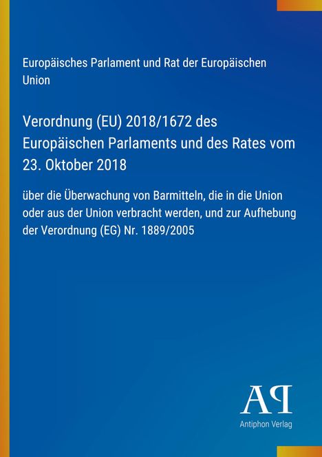 Europäische Verordnung über Barmittelüberwachung, blaues Layout, Titel oben, Verlag unten rechts.