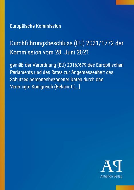 Durchführungsbeschluss (EU) 2021/1772 der Kommission. Blauer Hintergrund, weißer Text, links gelber Streifen. Logo unten.