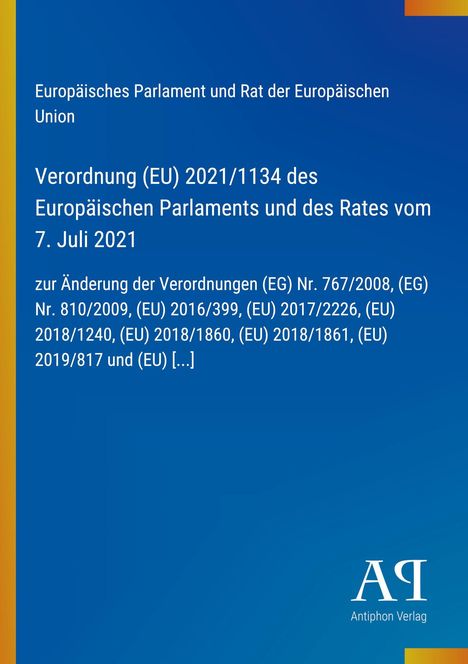 Europäische Verordnung beschrieben. Blaues Design, links gelber Streifen. Unten rechts Logo "Antiphon Verlag".