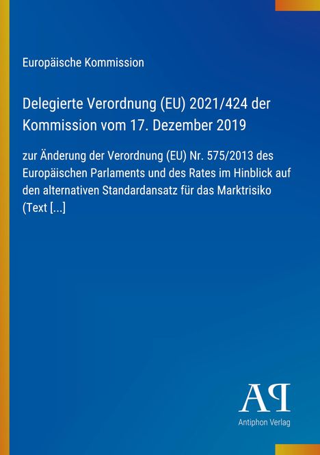 Text über Delegierte Verordnung der EU. Blaues Layout mit gelbem Rand links. Antiphon Verlag Logo unten rechts.
