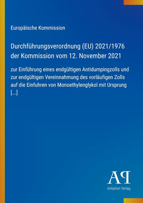 Text über Antidumpingzölle der EU-Kommission auf blauem Hintergrund, vertikaler gelber Streifen links, VA-Logo unten.