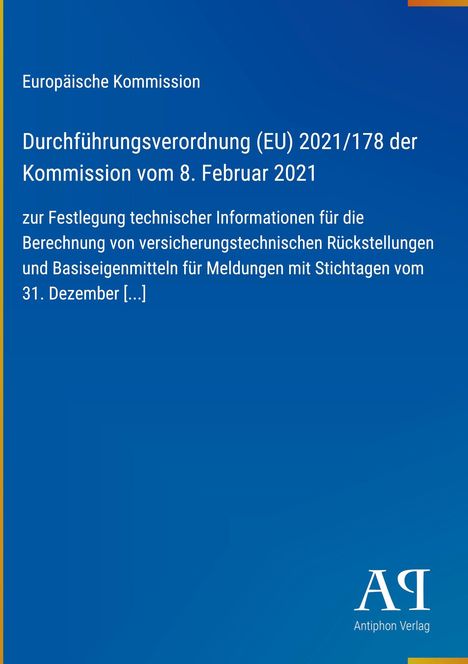 Text über EU-Verordnung zur Berechnung versicherungstechnischer Rückstellungen auf blauem Hintergrund, Logo des Antiphon Verlags.