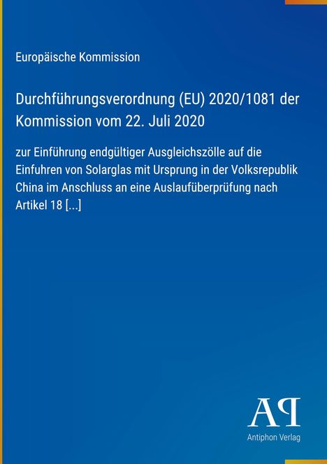 Text über EU-Verordnung zu Solarzöllen. Blaues, schlichtes Design mit „Antiphon Verlag"-Logo unten rechts.