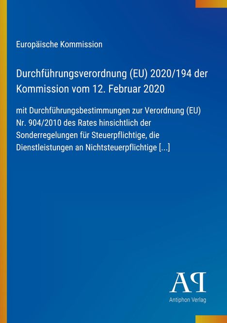 Text über EU-Verordnung auf blauem Hintergrund, gelber Streifen links, weißes Logo und "Antiphon Verlag" unten rechts.