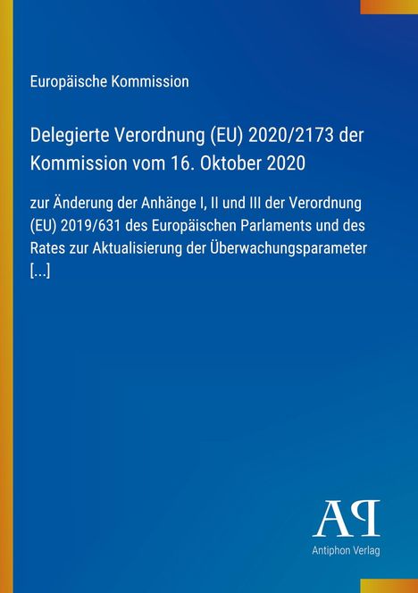 „Delegierte Verordnung (EU) 2020/2173“ auf blauem Hintergrund, links gelber Streifen, unten rechts Antiphon Verlag.