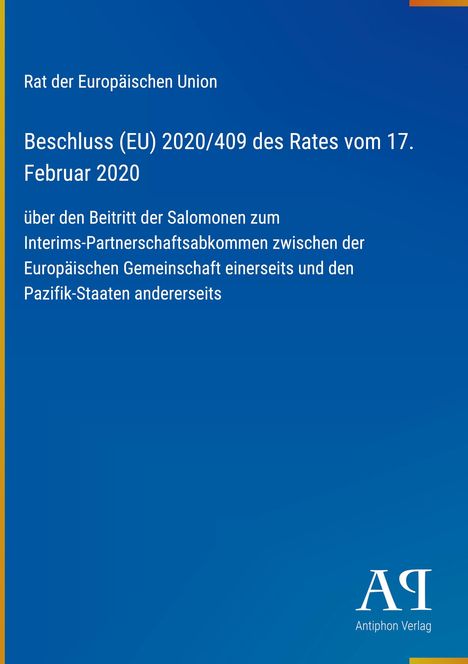 Oben der Text: "Rat der Europäischen Union". Darunter Details zum EU-Beschluss, blaues Design mit Verlagssymbol.