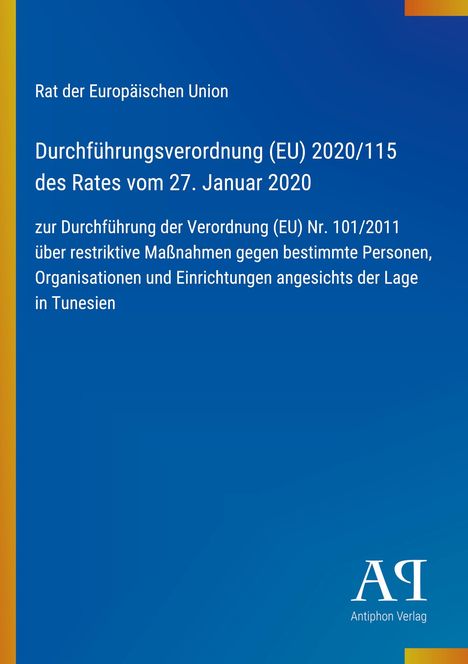 Text über eine EU-Verordnung zu Maßnahmen in Tunesien. Blaues Design mit schmalem gelbem Streifen links. Logo unten.