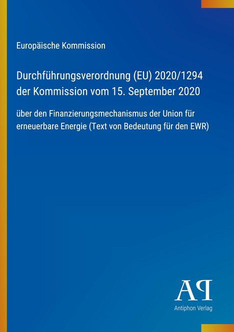 Text zur Verordnung der EU über erneuerbare Energie. Logo des Antiphon Verlags unten auf blauem Hintergrund.