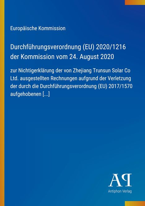 Text über die Durchführung eines EU-Verordnung verkündet von der Europäischen Kommission, schlicht blaues Design.