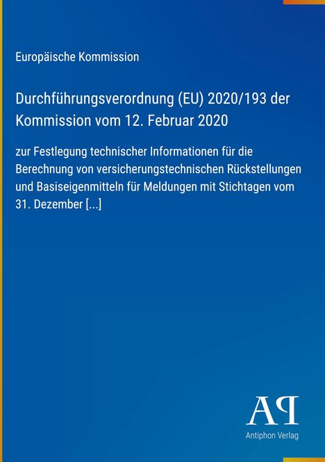 Durchführungsverordnung (EU) 2020/193, techn. Informationen für Versicherungsrückstellungen. Blau, Verlag-Logo unten rechts.
