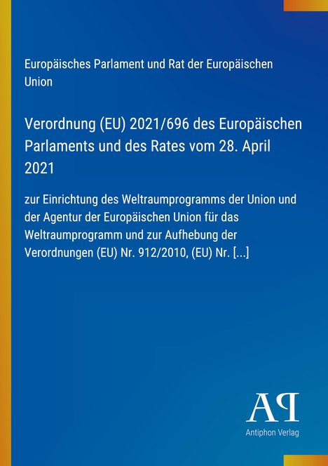 Titel eines EU-Gesetzestextes auf blauem Hintergrund, gelber Rand links, unten rechts Logo "Antiphon Verlag".