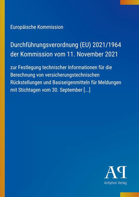 Text: Europäische Kommission, Durchführungsverordnung (EU) 2021/1964, Kommissionsdatum: 11. November 2021. Blauer Hintergrund.