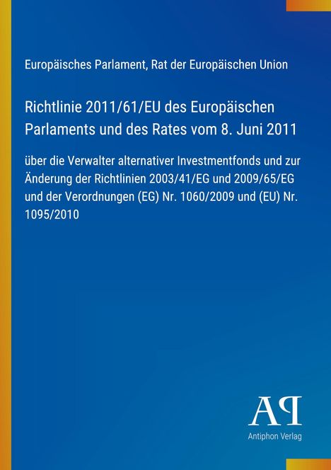 Blauer Hintergrund, gelber Rand links, Text zu EU-Richtlinien. Logo unten rechts: "Antiphon Verlag".