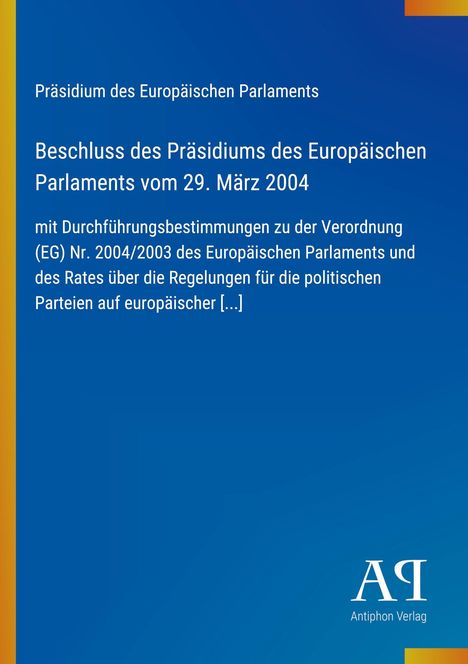 Text: Beschluss vom 29. März 2004. Blaues Design mit gelbem Streifen und Logo unten rechts.