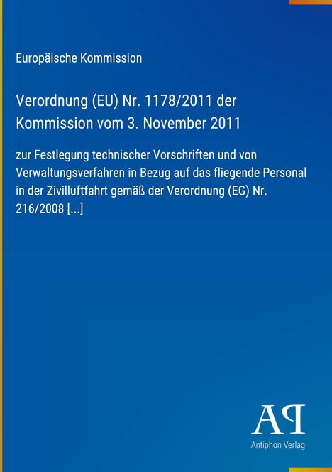 Text über Verordnung (EU) Nr. 1178/2011 der EU-Kommission, blauer Hintergrund, rechts unten Logo "AR Antiphon Verlag".