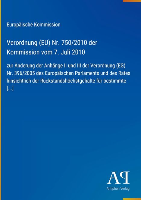 Text zur Verordnung (EU) der Kommission und ein Logo des Antiphon Verlags auf blauem Hintergrund.