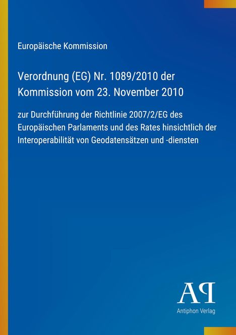 Europäische Kommission, Verordnung 1089/2010, Geodaten. Hintergrund in Blau, Logo "AQ" unten rechts.