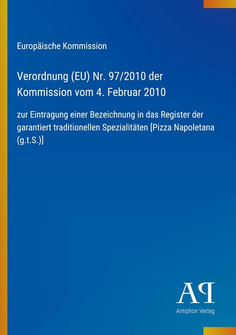 Europäische Verordnung über traditionelle Spezialitäten. Blaue Fläche, orange Streifen links. Rechtes Verlagssymbol.