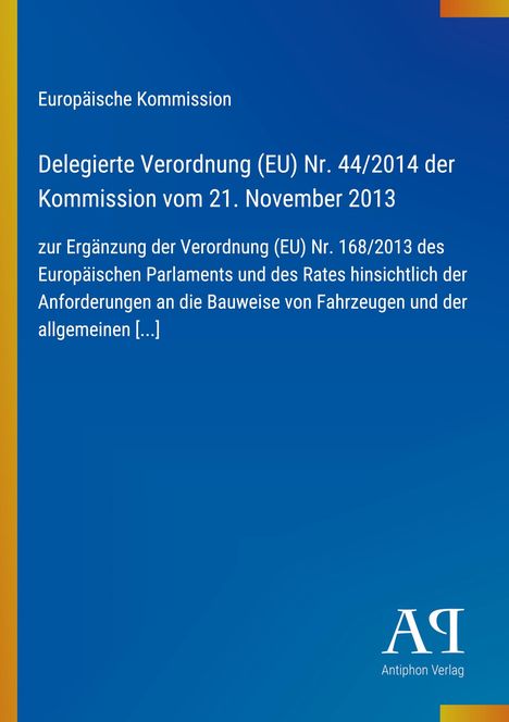 Text über EU-Verordnung auf blauem Hintergrund, links ein gelber Streifen, unten rechts Logo "AA" für Antiphon Verlag.