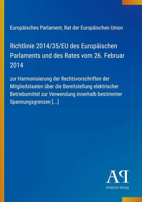 Europäische Richtlinie 2014/35/EU zur Harmonisierungen, blauer Hintergrund, gelbe Streifen, Logo unten rechts.