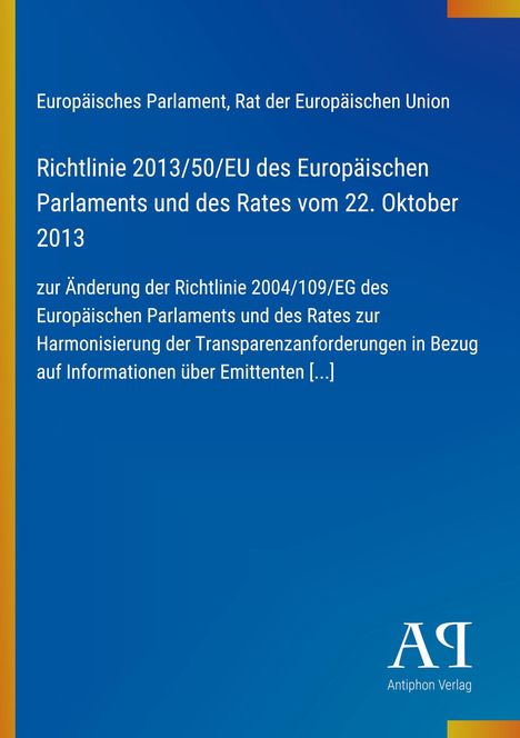 Text: Richtlinie 2013/50/EU des Europäischen Parlaments vom 22. Oktober 2013. Blaues Layout mit gelbem Rand. Logo unten rechts.