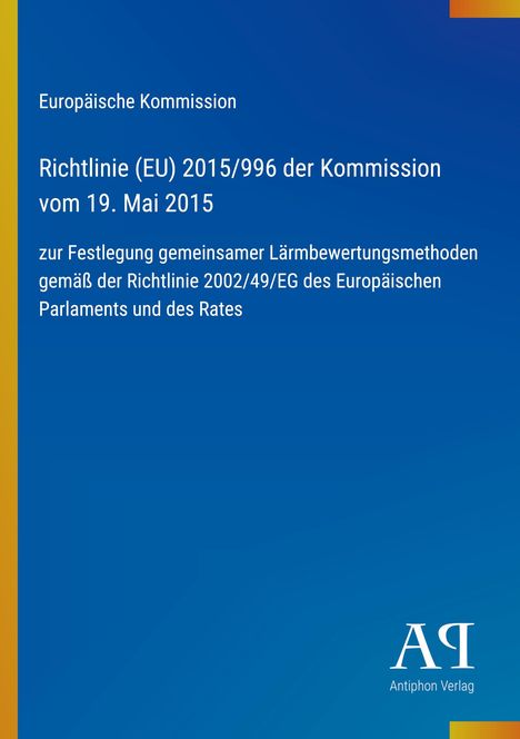 Text zur Richtlinie über Lärmbewertungsmethoden der Europäischen Kommission, blaues Design, Logo unten rechts.