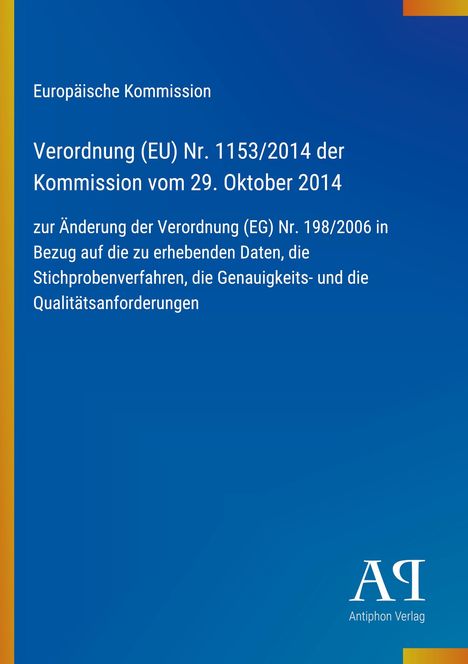 Text zu einer EU-Verordnung, oben: gelber Streifen, unten rechts: Logo „AQ Antiphon Verlag“. Hintergrund blau.