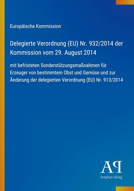 Text über EU-Verordnung für Obst- und Gemüse-Erzeuger. Blaues Design mit gelbem Rand und einem Verlagslogo unten.