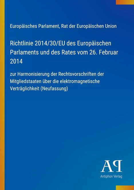 Text über europaïsches Recht zur elektromagnetischen Verträglichkeit, Verlaglogo unten rechts, blauer Hintergrund.