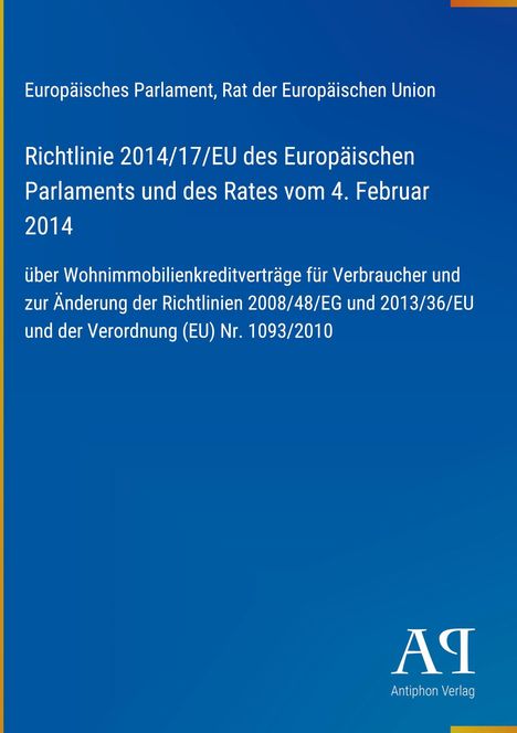 Text: Richtlinie über Wohnimmobilienkreditverträge. Blaues Cover mit EU-Logo oben, Verlagssymbol unten.