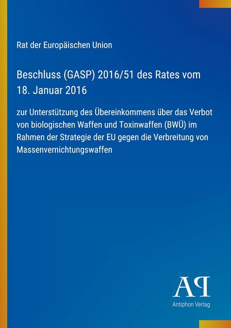 Text: Beschluss (GASP) 2016/51 vom 18. Januar 2016. Blaues Layout mit gelbem Streifen links und weißem Verlag-Logo unten.