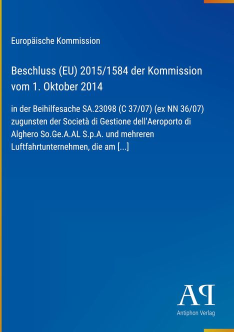 Text: Europäische Kommission, Beschluss (EU) 2015/1584 vom 1. Oktober 2014. Blaues Dokument mit Verlagssymbol unten.