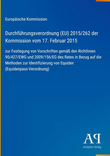 Text: Durchführung von Vorschriften zur Identifizierung von Equiden. Logo unten rechts. Hintergrund blau.