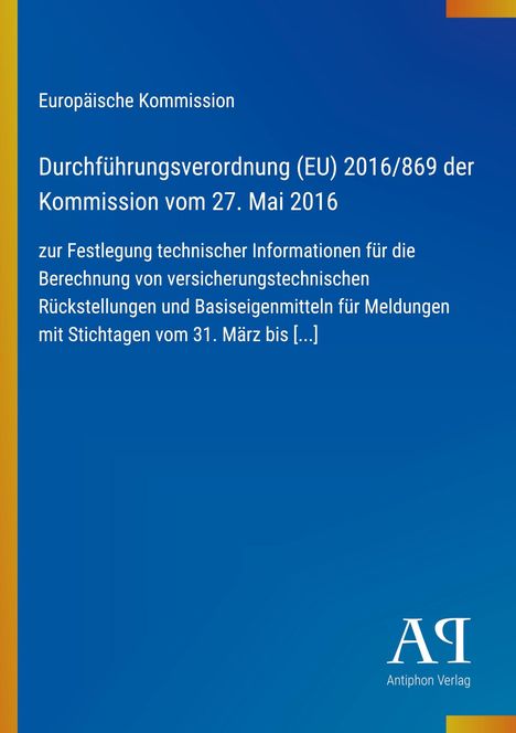 Europäische Kommission, Durchführungsverordnung (EU) 2016/869, 27. Mai 2016. Blauer Hintergrund mit gelbem Rand.