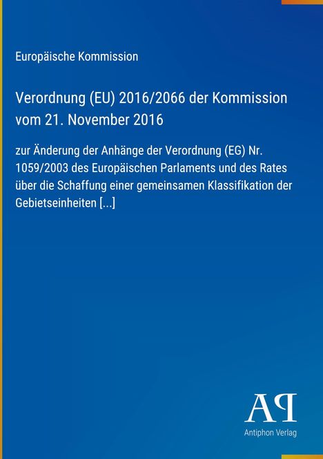 Europäische Kommission, Verordnung (EU) 2016/2066, Antiphon Verlag Logo unten rechts, blauer Hintergrund.