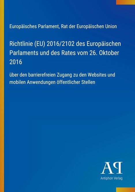Text über EU-Richtlinie zum barrierefreien Zugang zu Websites; Logo "AQ Antiphon Verlag" unten rechts. Blauer Hintergrund.