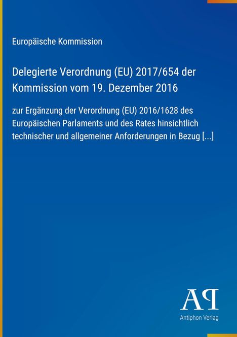 Europäische Kommission, Verordnung (EU) 2017/654, Antiphon Verlag. Blauer Hintergrund, weißer Text, Verlag-Logo.