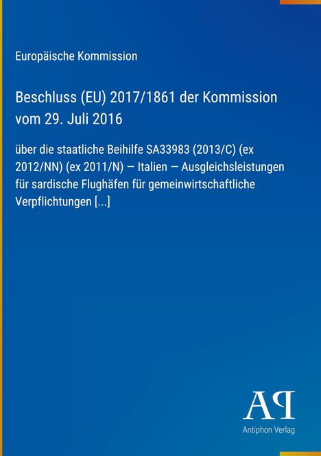Text über EU-Beschluss zur staatlichen Beihilfe für sardische Flughäfen. Blauer Hintergrund, Logo unten rechts.