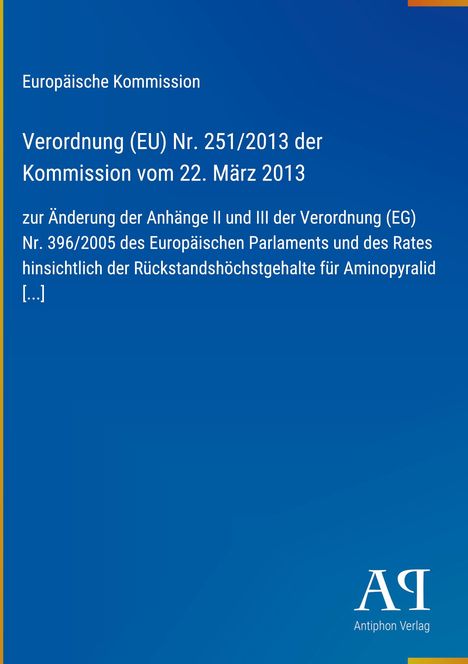Text über Verordnung der EU-Kommission. Blauer Hintergrund, weißer Text, unten Verlag-Logo "AR".