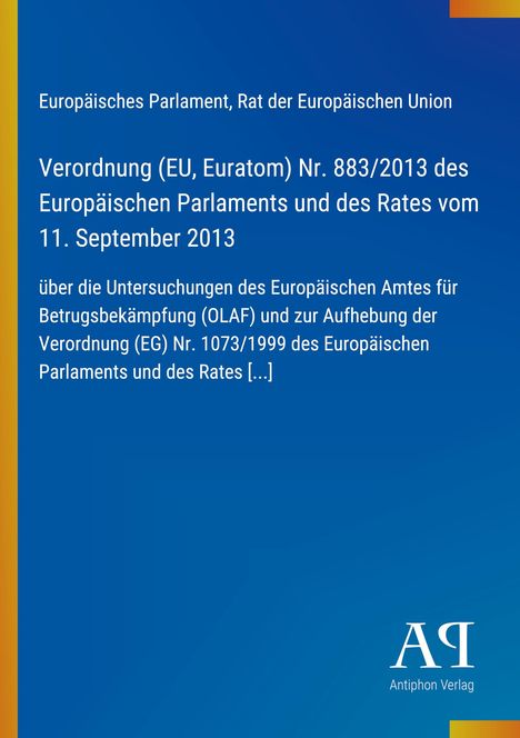 Europäische Verordnung Nr. 883/2013 zur Betrugsbekämpfung. Blauer Hintergrund, Verlag-Logo unten rechts.