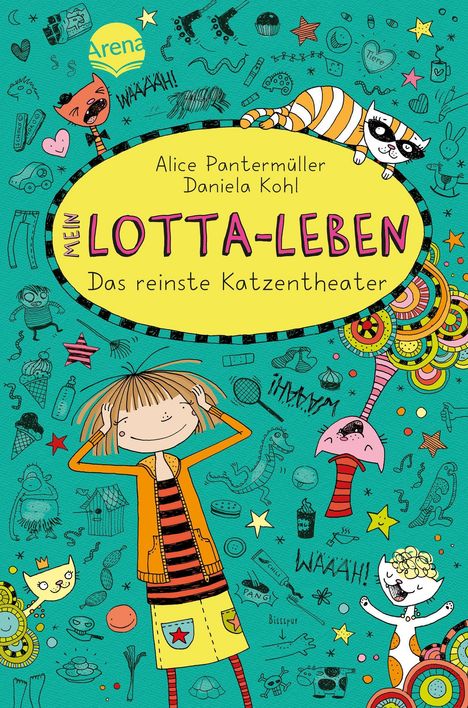 Cover mit Text: „Mein Lotta-Leben: Das reinste Katzentheater“. Bunte Zeichnungen und spielende Katzen.