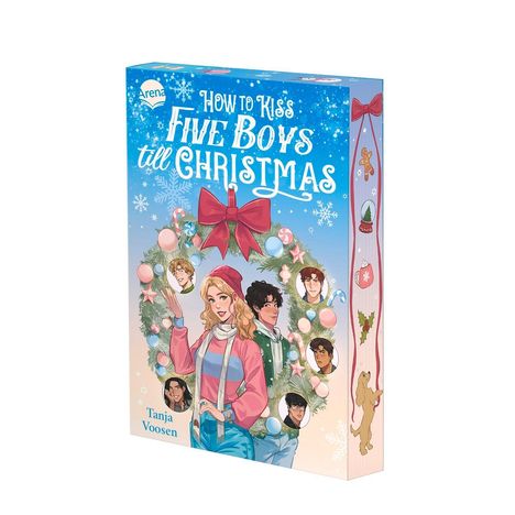 „How to Kiss Five Boys till Christmas“, winterliche Illustration mit fünf Jungen, einem Mädchen und festlicher Dekoration.