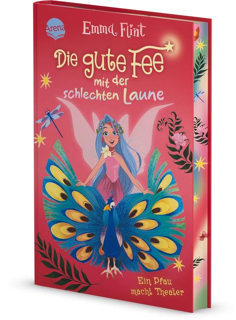 "Die gute Fee mit der schlechten Laune" zeigt eine Fee mit blauem Haar und Flügeln, einen Pfau, Libelle, Blumen auf rotem Hintergrund.