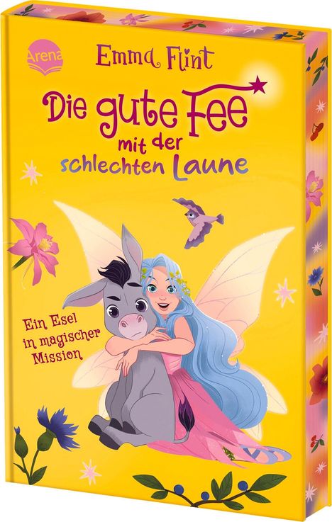 Text: "Emma Flint. Die gute Fee mit der schlechten Laune. Ein Esel in magischer Mission." Illustration: Fee umarmt Esel.