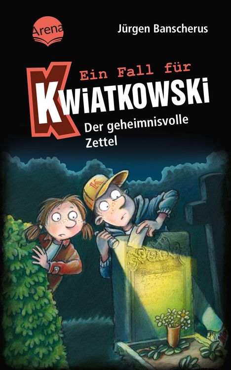Titel: "Ein Fall für Kwiatkowski: Der geheimnisvolle Zettel". Illustrative Szene mit zwei Kindern, die einen Zettel im Dunkeln lesen.
