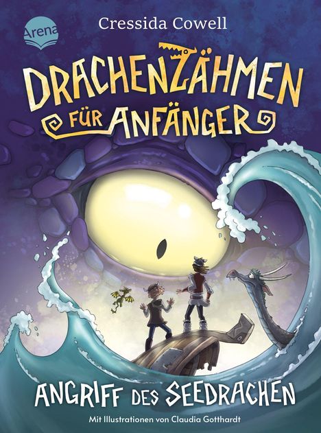 "Drachenzähmen für Anfänger: Angriff des Seedrachen". Zwei Kinder und ein Drache stehen vor einem riesigen Auge im Wasser.