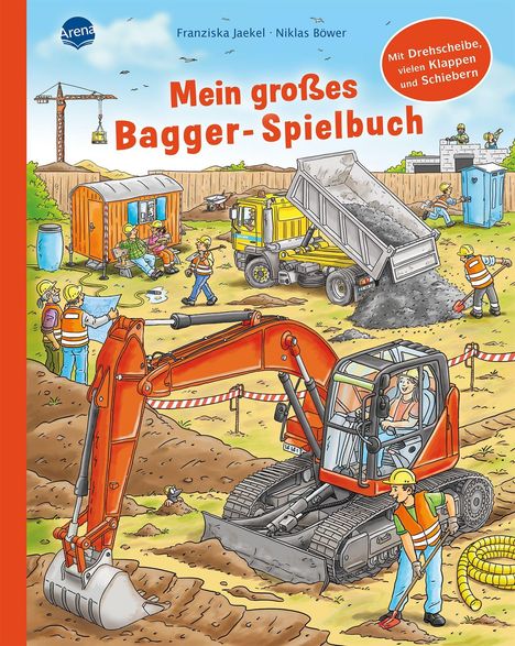 "Mein großes Bagger-Spielbuch" steht im Zentrum. Eine Baustelle mit Bagger und Arbeitern ist lebhaft dargestellt.