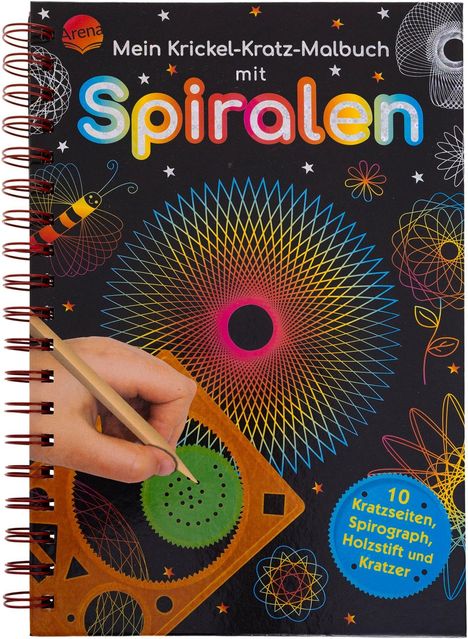 Titel: "Mein Krickel-Kratz-Malbuch mit Spiralen". Bunte Spiralmuster, Hand mit Holzstift, Insekten und Formen im Hintergrund.