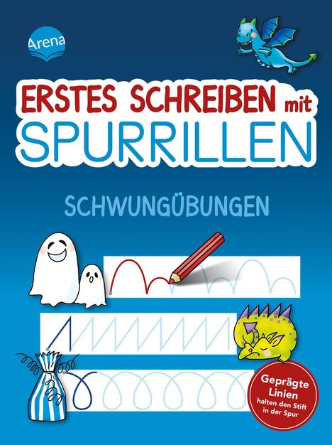 „Erstes Schreiben mit Spurrillen: Schwungübungen“. Illustration mit Geistern, Drachen und Übungsblättern.